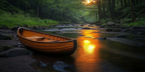 Sticker - A wooden boat rests on the edge of a tranquil river, bathed in the warm glow of the setting sun, its reflection shimmering on the water's surface, surrounded by a lush, verdant forest.