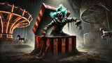 A creepy clown is sitting in a box with a red and white striped lid. The scene is set in a dark, creepy carnival with a carousel in the background