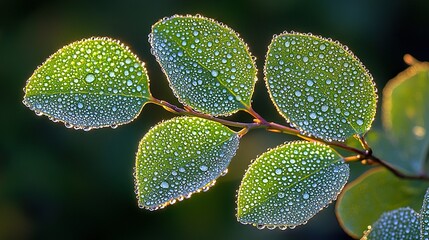 Poster -    a green leaf with droplets of water and a blurred background of leaves with water