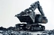 © Татьяна Евдокимова - Excavator scooping coal into pile, showing mining industry activity with heavy machinery. Digging, loading coal for transport to power plant, polluting environment