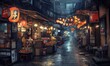© Murda - Dark alley with lanterns and shops.