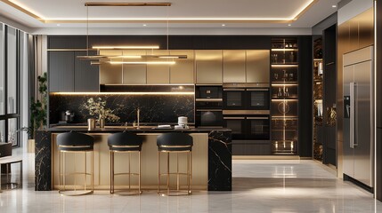 A modern kitchen design featuring sleek cabinetry, stylish lighting, and elegant bar seating, combining functionality with contemporary aesthetics.