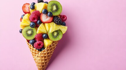 Wall Mural -   A freshly-filled waffle cone topped with juicy fruit on a pink ice cream cone background