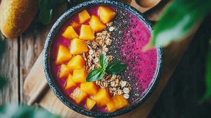   A close-up of a wooden table with a bowl of food containing fruit and a green garnish