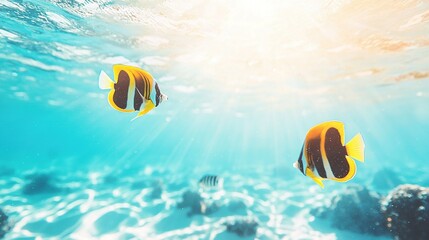 a yellow and white fish swim in water near rocks