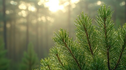 Wall Mural -   Close-up of a pine tree with sunlight filtering through the background trees in the photo