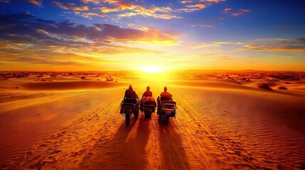 Wall Mural -   A group of people rides on a motorcycle down a sandy road in the desert