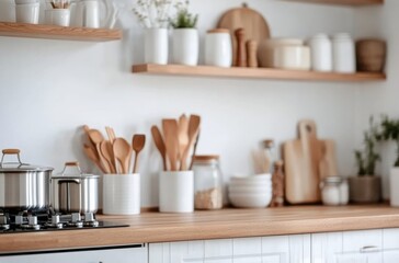 Modern kitchen featuring white cabinetry, wooden shelves, and meal preparation in a cozy setting