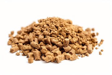 Pile of wood biomass pellets on a white background, highlighting their eco friendly qualities for sustainable heating options