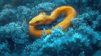   A yellow and orange snake lies amidst a sea of blue foliage, with water droplets glistening on its scaly surface