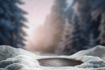 Wall Mural - empty wooden table top coverd with snow with copy space and winter snowing trees and mountain backgr
