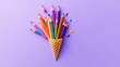 © Alice - A group of vibrant pencils arranged in a cone-shaped display against a purplish backdrop, with a nearby crayon protruding