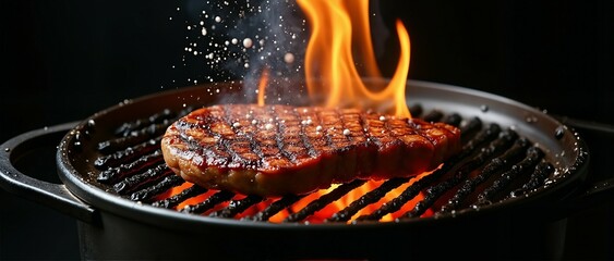 Juicy Steak Grilling on a Hot BBQ Grill. Salt falling to delicious meat