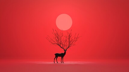 Black reindeer silhouette against a red snowy landscape, 3D illustration