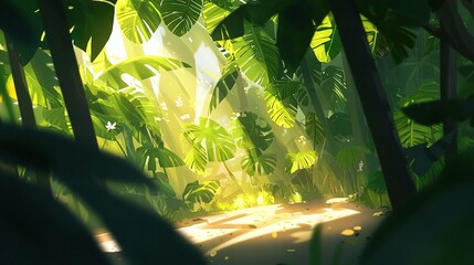 Wall Mural -   Digital painting of jungle scene with sunlight filtering through trees and illuminating the ground