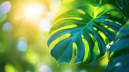 Wall Mural -   A lush green field with a large green leaf resting on it, surrounded by yellow foliage