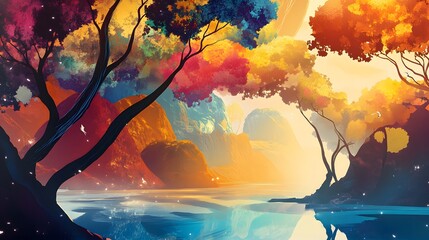 Wall Mural - Vibrant Autumnal Landscape with Two Trees and a Lake