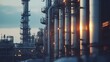 © jiraphat - A large industrial plant with many pipes and valves. The pipes are yellow and red. Scene is industrial and mechanical