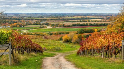   A dirt road winding between two lush green fields filled with tall trees on either side