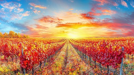 Wall Mural -   A masterpiece depicts a golden sunset amidst vibrant red and yellow foliage against a serene blue backdrop