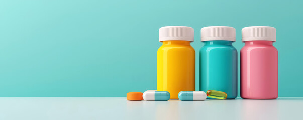 Colorful medicine bottles with various pills on a light background, ideal for health and wellness themes.