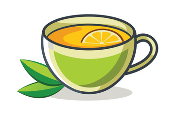 Cup of tea with lemon illustration on white background.