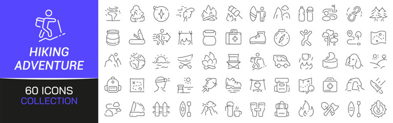 Hiking and adventure line icons collection. Thin outline icons pack. UI icon collection. Set of line web pictogram