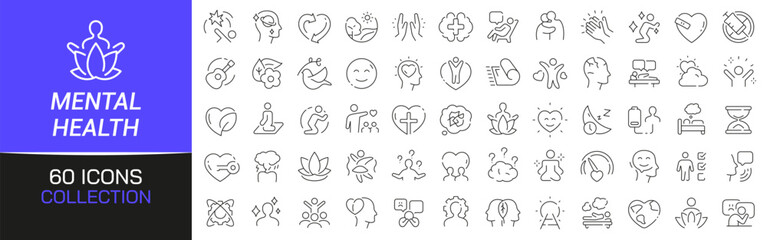 Mental health line icons collection. Thin outline icons pack. UI icon collection. Set of line web pictogram