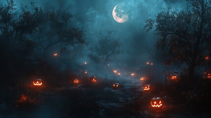 Wall Mural -   A forest at night, full moon illuminates a group of Jack O' Lantern pumpkins