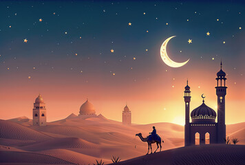 Illustration silhouette of masjid and camel in desert