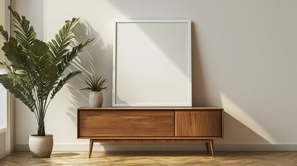 Sticker - Modern interior featuring a wooden media console with a blank frame and indoor plants in a bright, minimalistic room