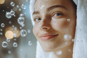 Wall Mural - sensual beautiful young beauty woman relaxing in spa body care studio with towel on head, applied fa
