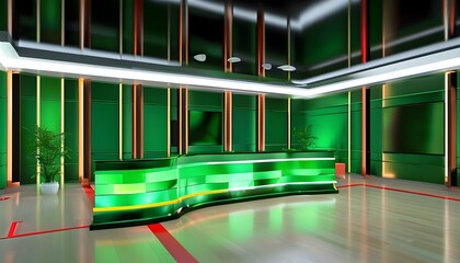 futuristic studio broadcast news set featuring virtual green screen backdrop and immersive three-dimensional design elements