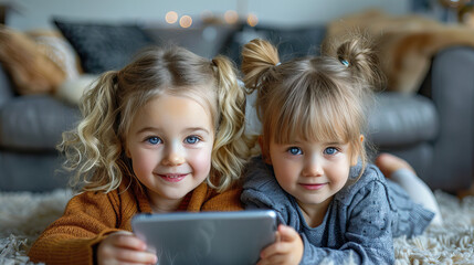 Two Cute Little Girls Lying on Cozy Carpet Playing on Tablet in a Warm and Festive Home Setting