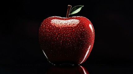 Wall Mural -   A gleaming scarlet apple adorned with a verdant foliage on the stem and glistening dewdrops on its skin