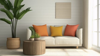 Wall Mural - Cozy Living Room with Greenery and Colorful Pillows