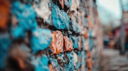 Wall Mural -   A zoomed-in photo of a brick wall featuring a white dot at its center and a blue dot positioned centrally on the wall