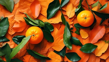 Wall Mural - vibrant autumn background featuring orange hues and scattered leaves