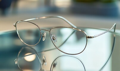 Silver rimmed glasses on a table.