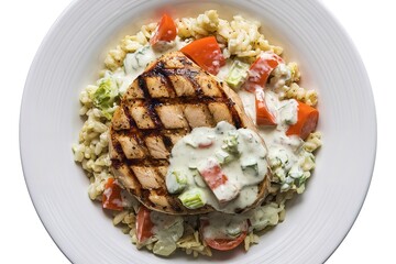 A white plate with a grilled chicken breast steak covered in a vegetable cream sauce