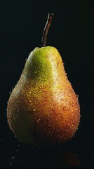 Wall Mural -   Close-up of a pear on a black background with water droplets on top and bottom