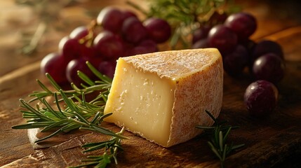 Wall Mural -   A slice of cheese rests on a wood platter alongside grapes and a sprig of rosemary