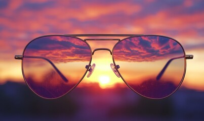 Poster - Sunglasses reflect sunset sky with clouds.