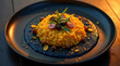 © ZaStock - The dish features a mound of yellow risotto, artistically garnished with herbs and various toppings, served on a striking dark plate that enhances its colors