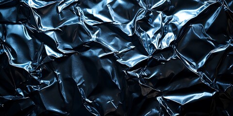 Crumpled metallic surface with reflective texture.