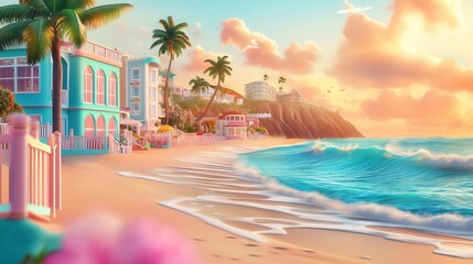 Poster - Serene beachside view at sunset with colorful buildings and gentle waves on a tropical shoreline