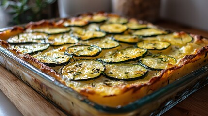 Wall Mural -   A zucchini and cheese casserole in a glass dish atop a wooden cutting board