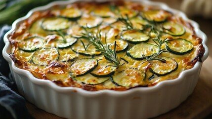 Wall Mural -   Zucchini herb casserole in white bowl on wooden board beside blue towel