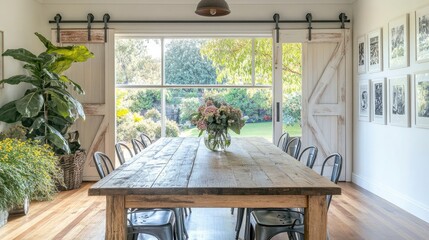 A bright and spacious farmhouse dining area with a wooden table surrounded by metal chairs