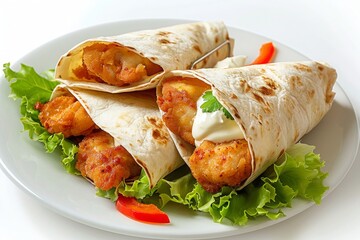 Wall Mural - Fried Chicken tortilla wraps with white cream on a plate isolated on a white background, MZ